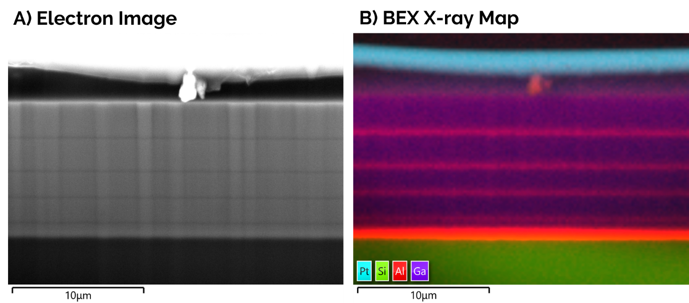 Electron and BEX image of GaN device cross-section tilted at 45°.