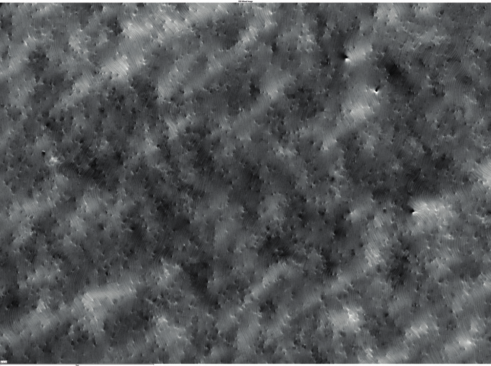 EBSD results from a GaN thin film: forescatter electron orientation contrast image, dislocation density map from Refined Accuracy data, and dislocation density map from MapSweeper refined data. Image field of view ~7 µm.