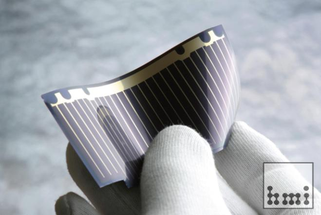 Photograph of a flexible thin film solar cell on a titanium-foil substrate, based on Cu(In,Ga)Se2 as light absorbing component