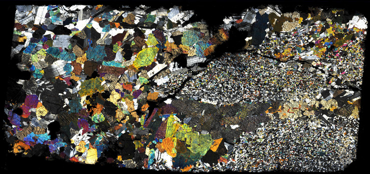 Fig 5b. Optical image of a geological sample in cross polarised light, primarily showing grain size variation
