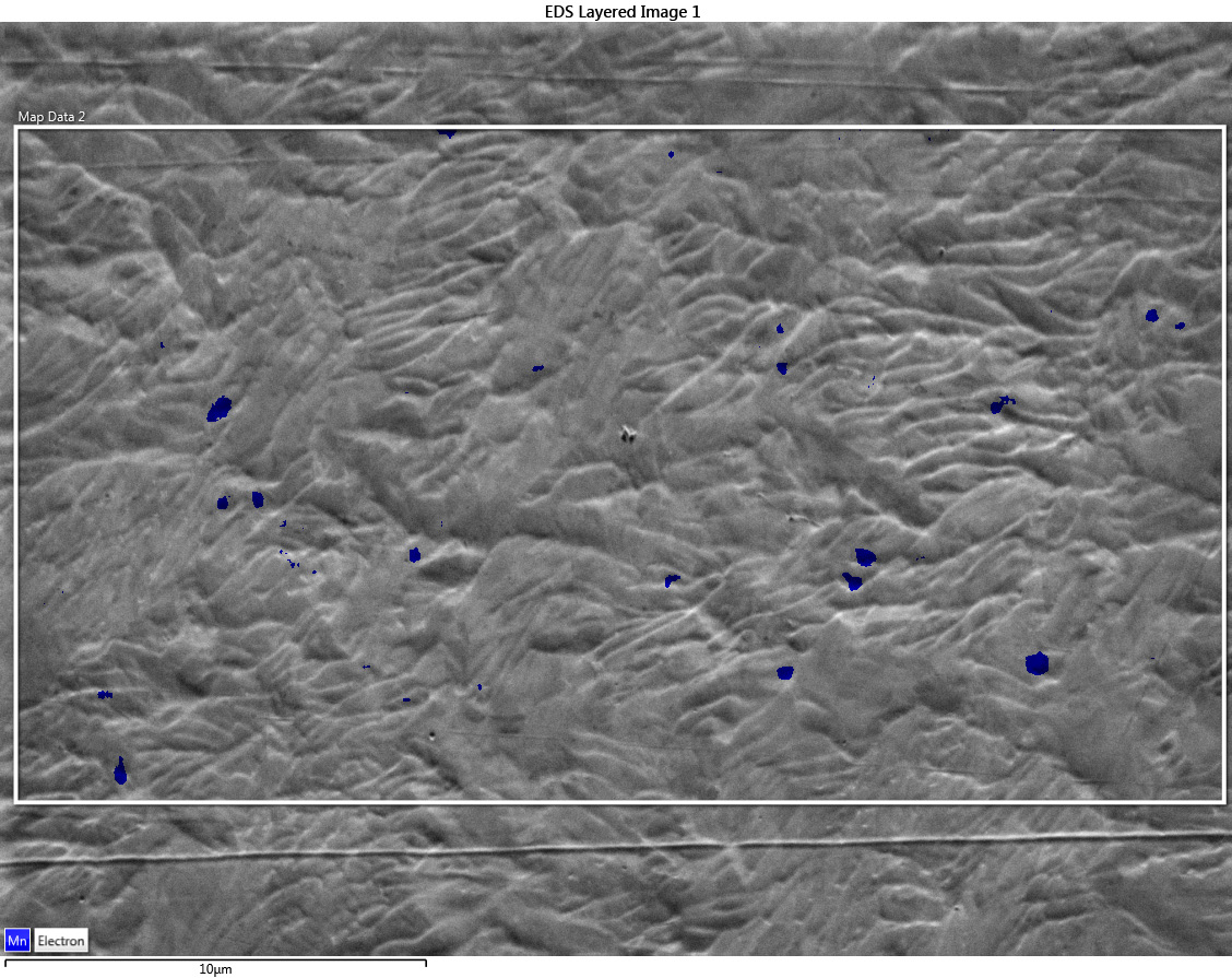 Fig. 1e) Carbon X-ray map overlaying EBSD-BC Map; Fig. 1f) EBSD-All Euler Map